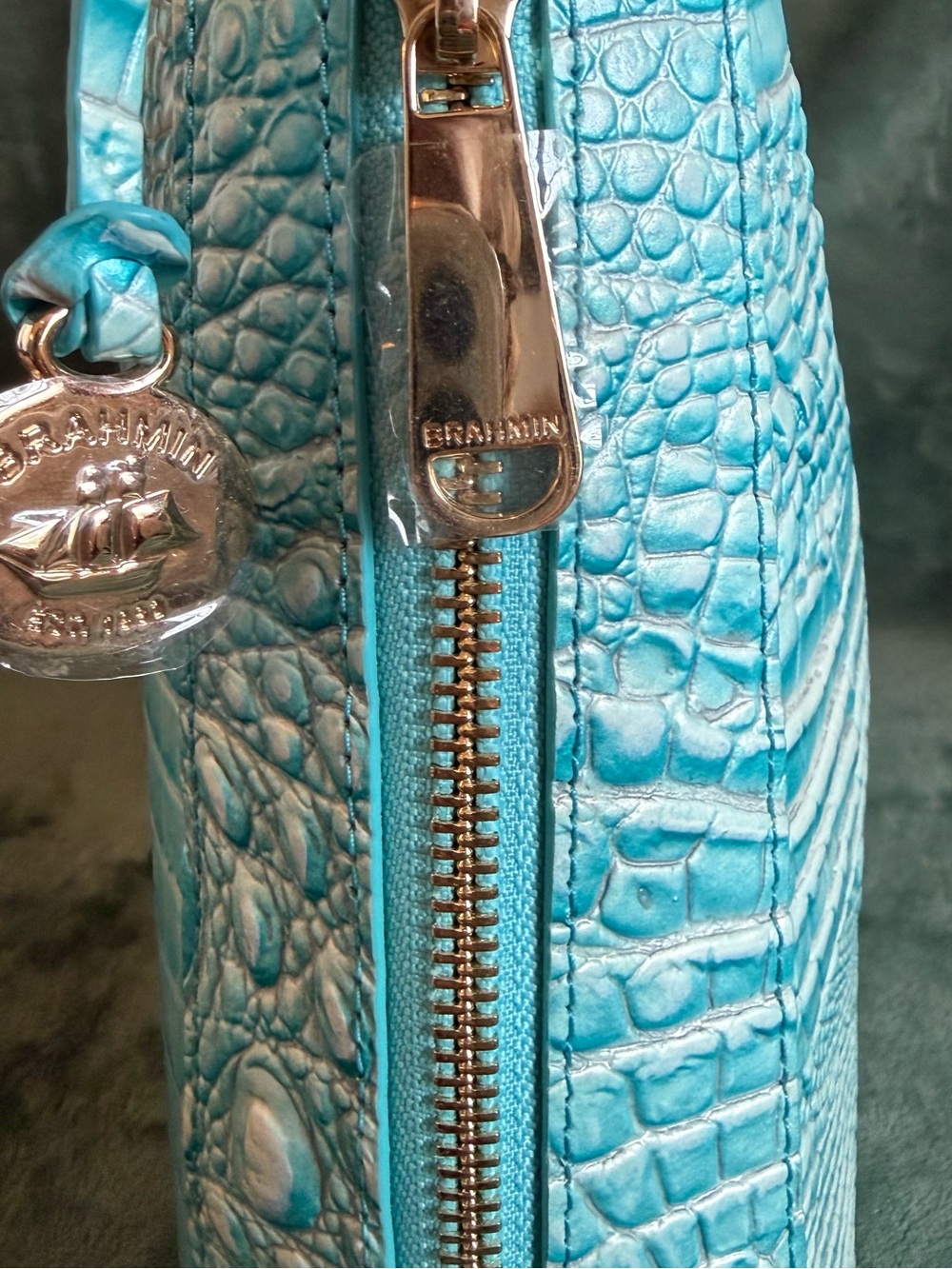 Brahmin Tabitha Melbourne Leather Shoulder Bag Aqua Blue Croc Embossed - Picture 4 of 7